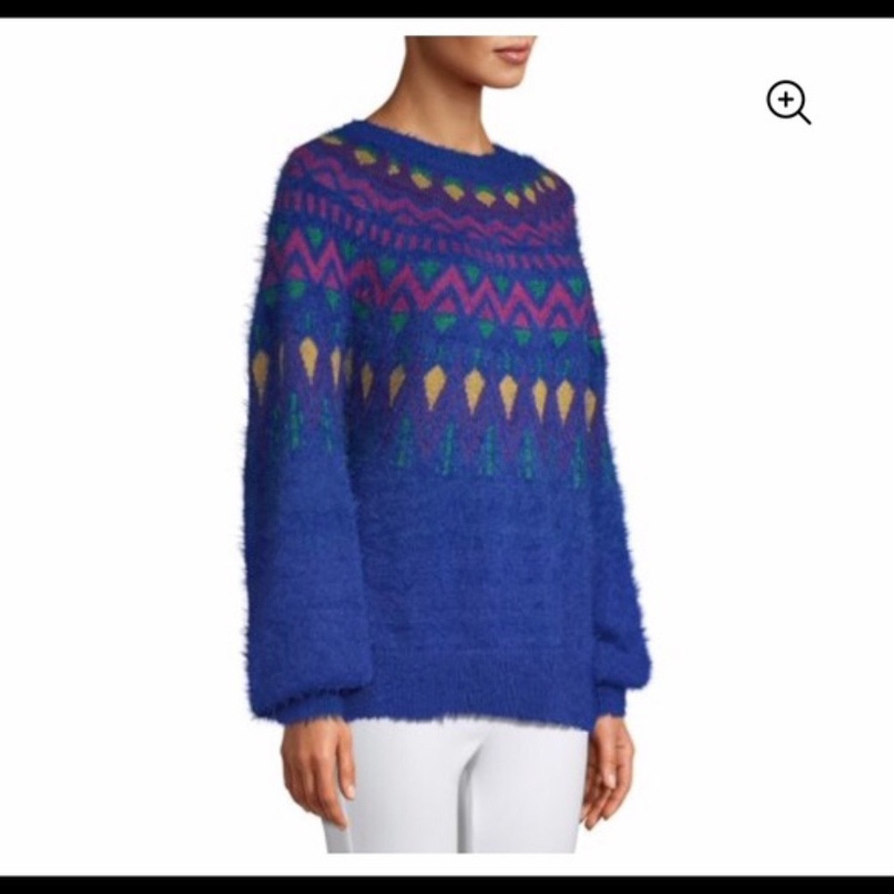 NEW Time and True Fuzzy Sweater Women's Blue Aztec Boho Geometric Print Size L